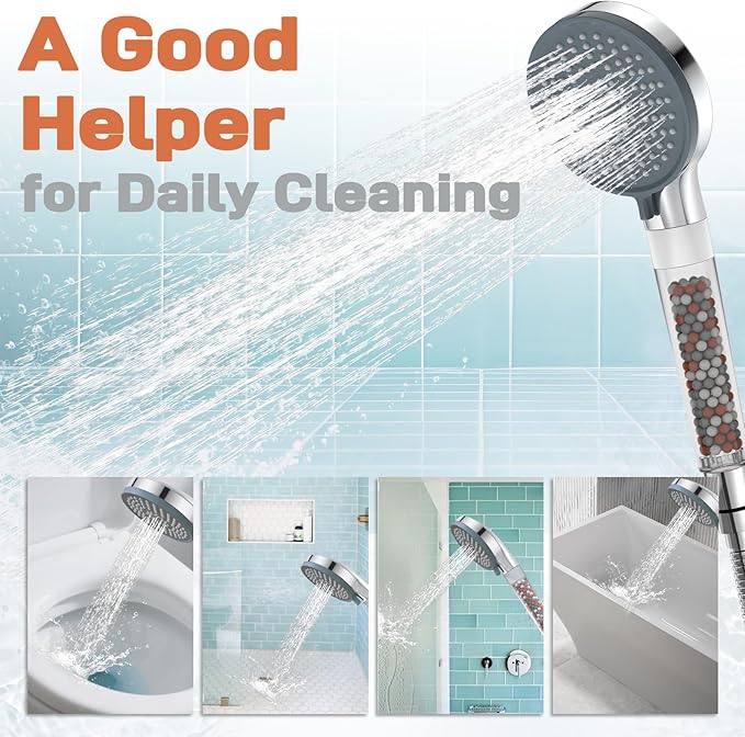 YDmeet Filtered Handheld Shower Head with Long Metal Hose Set, 3-Mode Spray Setting, Extra 6 Packs Replacement Mineral Balls for Refills, Chrome