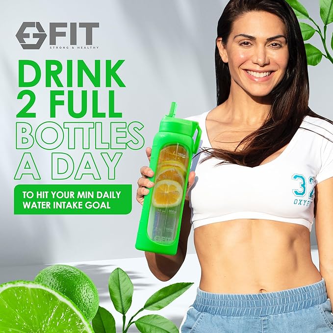 FIT Strong & Healthy 32 oz Glass Water Bottle with Straw Lid, Time Marker, Sleeve & Extra Lid - Motivational, Wide Mouth 1 Liter Glass Drinking Bottle