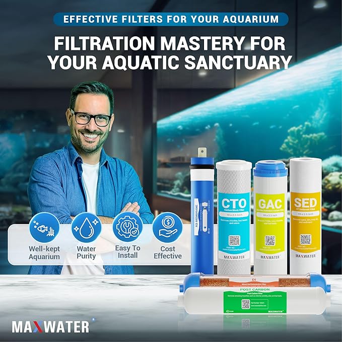 Max Water Replacement Filter Set for Standard 6 Stage Reverse Osmosis Water Filter System Filters - 10 inch Standard Size Water Filters Sediment, GAC, CTO, Mixed Bed DI, RO Membrane 100 GPD