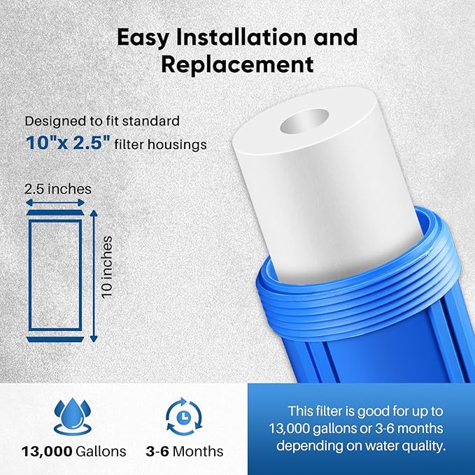 PUREPLUS 20 Micron 10" x 2.5" Whole House Sediment Home Water Filter Cartridge Replacement for Any 10 inch RO Unit, Culligan P5, Aqua-Pure AP110, Dupont WFPFC5002, CFS10, WHKF-G05, 6Pack