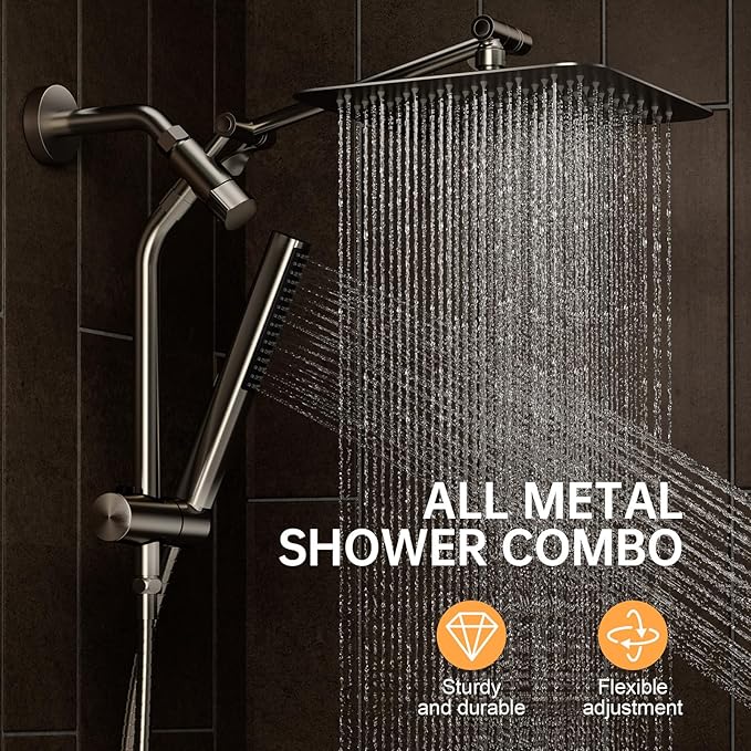 Veken Brushed Nickel Shower Head, 10'' All Metal Rain Shower Heads with Handheld Spray Combo, Hand Held Bathroom Combo with Extension Arm, Dual shower with Power Wash, Adjustable Rainfall Showerhead