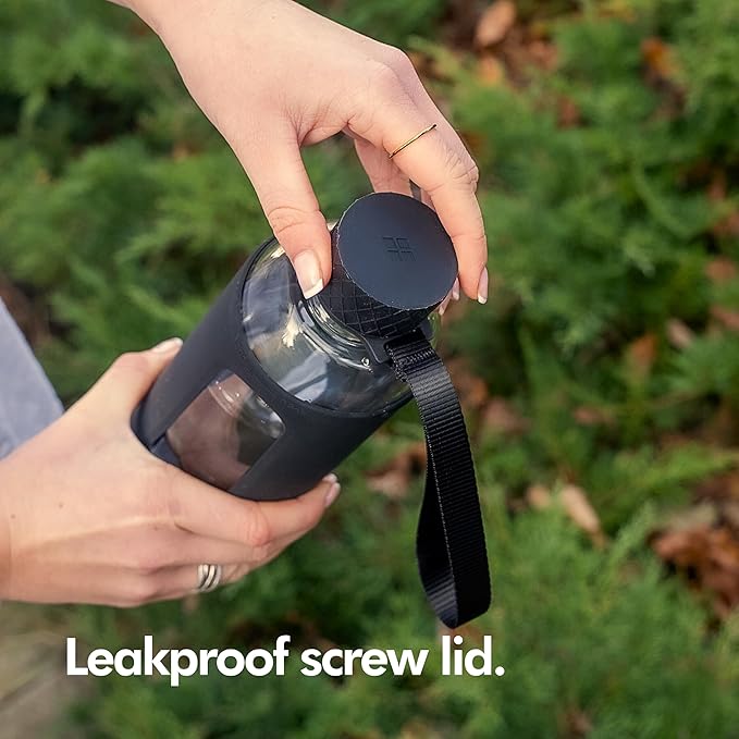 KIVY Glass Water Bottle with Silicone Sleeve 32 oz [WITH MEASUREMENT] - Borosilicate Glass Water Bottle Screw Top - Black Waterbottle Aesthetic - Clear Bottles with Measurement Marking