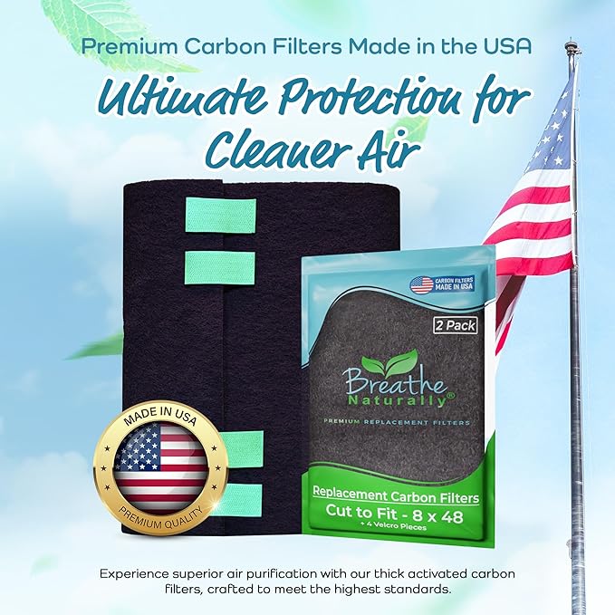 Breathe Naturally Universal Cut To Fit Carbon Activated Air Filter - Replacement Charcoal Filters - Pre Filter Carbon Sheet for Air Purifier, Vent Filters & More - Made in USA (Pack of 2, 8x48)