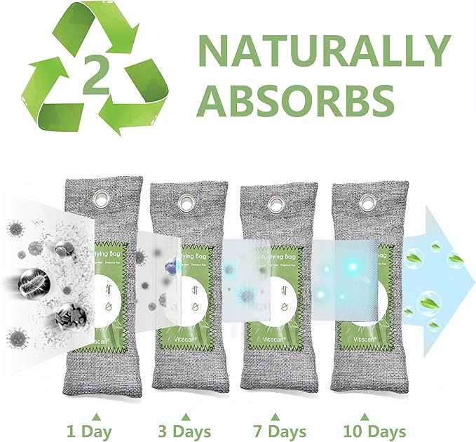 12 Pack Bamboo Air Purifying Bag, Activated Charcoal Bags Odor Absorber, Moisture Absorber, Natural Car Air Freshener, Shoe Deodorizer, Odor Eliminators For Home, Pet, Closet (6x50g, 6x150g)