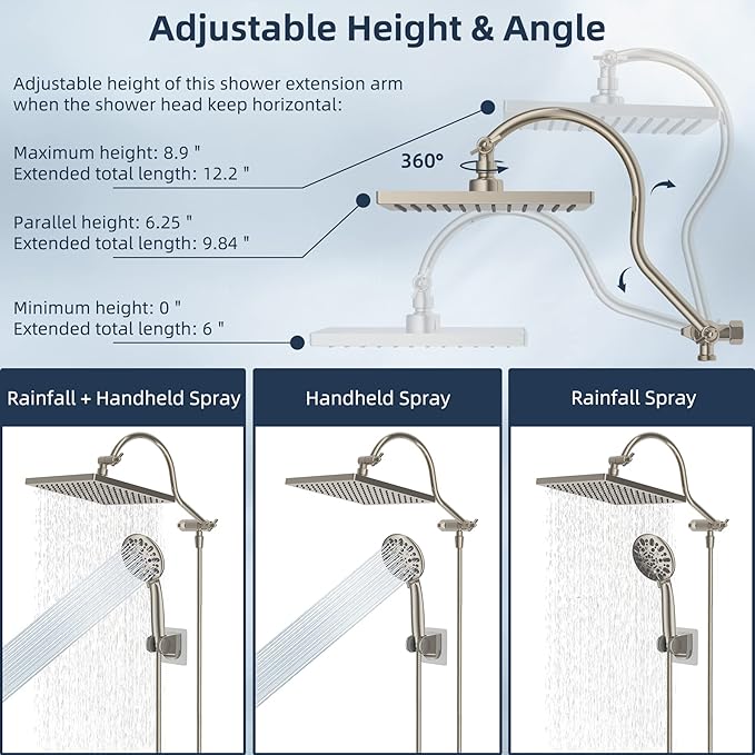 Hibbent 10" Thickness Metal Rainfall Shower Head/Handheld Showerhead Combo with 12'' Adjustable Curved Shower Extension Arm, 7-Spray, 71'' Hose, Adhesive Showerhead Holder, Brushed Nickel