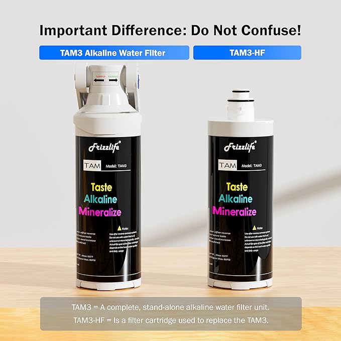 Frizzlife TAM3 Under Sink Inline Water Filter - Alkaline PH+ Remineralization, NSF/ANSI 42 Certified, Adjust Taste & PH, Restore Essential Minerals, 1/4" Pipe Fits for Reverse Osmosis Systems