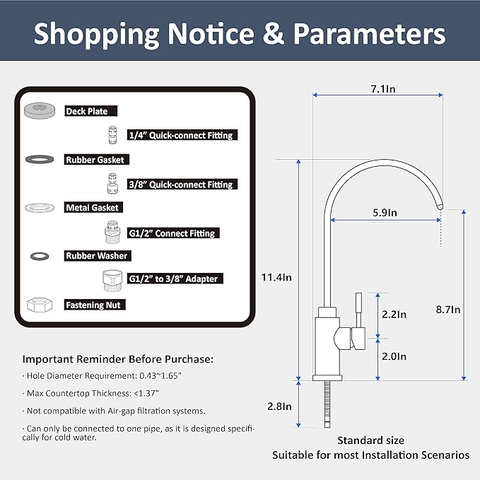 Water Filter Faucet, VMASSTONE Reverse Osmosis Faucet Fits Most RO Units or Water Filtration System in Non-Air Gap, Lead-Free Stainless Steel Drinking Water Faucet for Bar Kitchen Sink, RV (DM001 CG)