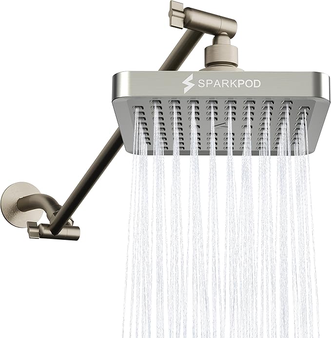 SparkPod Square Rain Shower Head with Shower Head Extension Arm - High Pressure Rain - Luxury Modern Look - No Hassle Tool-less 1-Min Installation (16" Shower Arm Extension, Elegant Brushed Nickel)