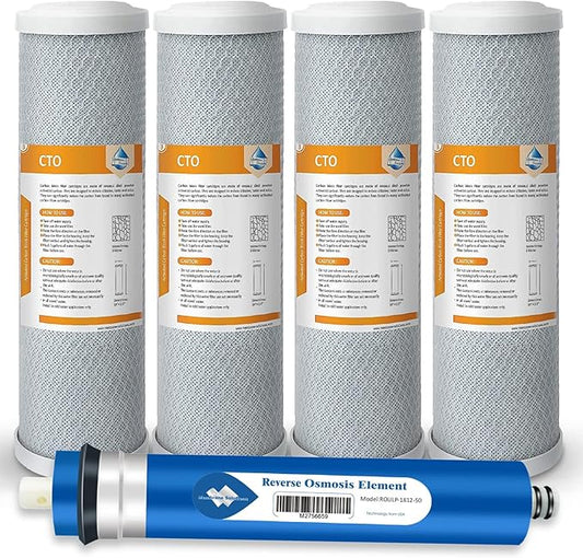 Membrane Solutions Combo Pack for FX12M and FX12P, Water Filter Replacement Cartridges Compatible with GE GXRM10RBL GXRM10G Reverse Osmosis Systems, 4x 10-Inch Carbon Filters, 1x 50GPD RO Membranes