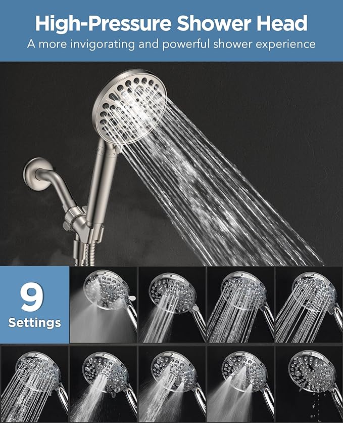 Handheld Shower Head with Filter Brushed Nickel - High Pressure 10 Spray Modes Filtered Shower Head with Hose, Bracket and Hard Water Shower Filters to Remove Chlorine and Heavy Metals
