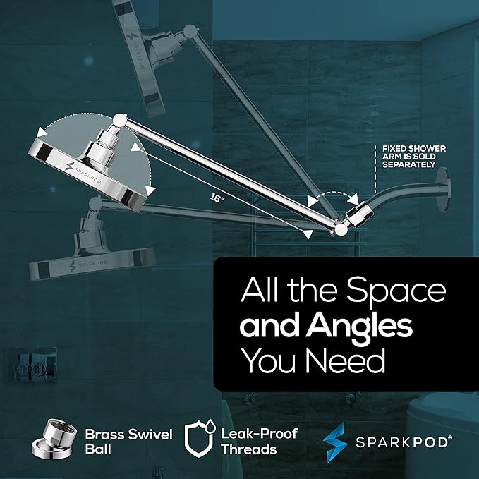 SparkPod Round Rain Shower Head with Shower Head Extension Arm - High Pressure Rain - Luxury Modern Look - No Hassle Tool-less 1-Min Installation (16" Shower Arm Extension, Luxury Polished Chrome)
