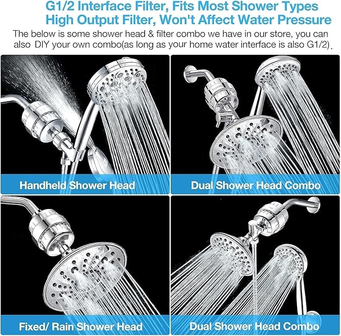 20 Stage Shower Filter with Spin Propeller w/ 2 Cartridge, Reduce Well Hard Water Chlorine Heavy Metal & Impurity, Improve Skin Hair, Fit Most Handheld Shower head Fixed Rainfall, Chrome (Chrome)