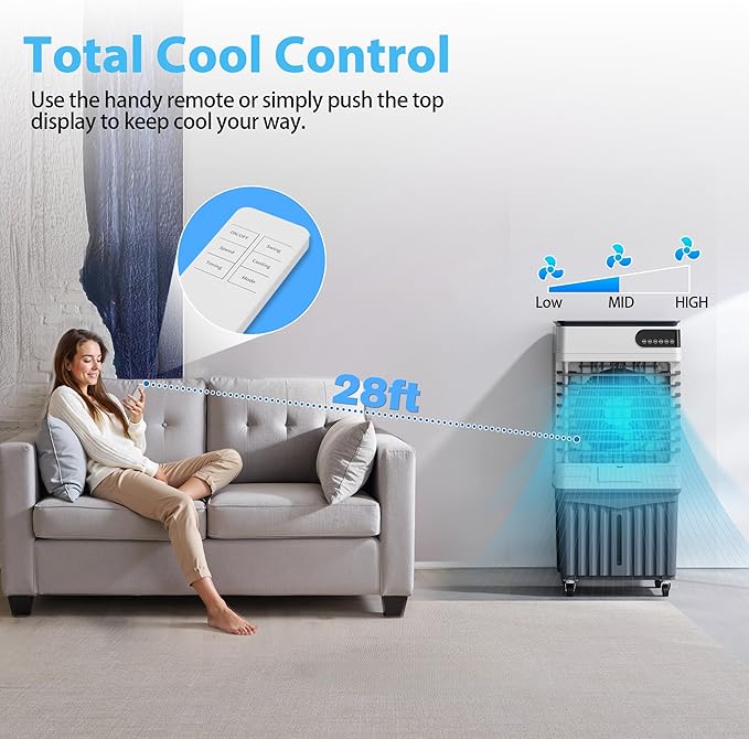 Swamp Cooler Air Conditioners, Large 13.3-Gal Tank for 7d Cooling, 4-IN-1 Portable Evaporative Cooler with LED Touch Screen, 3 Fan Speeds,12H Timer and Remote, 1000 sq ft, Ideal for Large Rooms