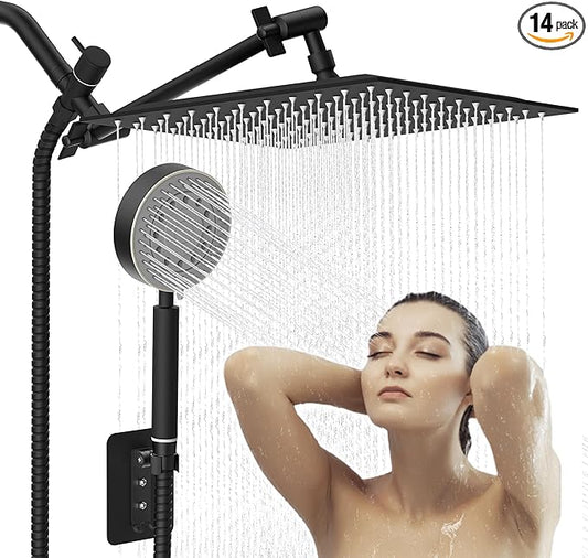 Shower Heads with Handheld Spray Combo 10" Matte Black High Pressure Rain Shower Head 11" Adjustable Extension Arm and 5 Settings Adjustable SUS 304 Handheld Showers, Shower Head Rainfall