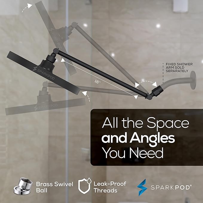 SparkPod Round Rain Shower Head with Extension Arm - Height Adjustable Shower Head with High Pressure Performance - Easy 1-Minute Installation (16" Arm Extension, Midnight Black Matte)