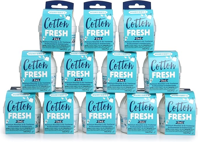 HUMYDRY® - Pack of 12 Mini Units - Dehumidifier and Air Freshener - 2.6 oz - Absorbs Moisture - Prevents Odors - Fresh Cotton Scent - For Spaces up to 100 sq. ft.
