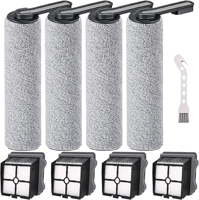 Brush and Filters Replacement Parts Accessories Compatible for Tineco Floor ONE S5/Floor One S5 Pro Cordless Vacuum Cleaner, 4 Roller Brushes, 4 Filters