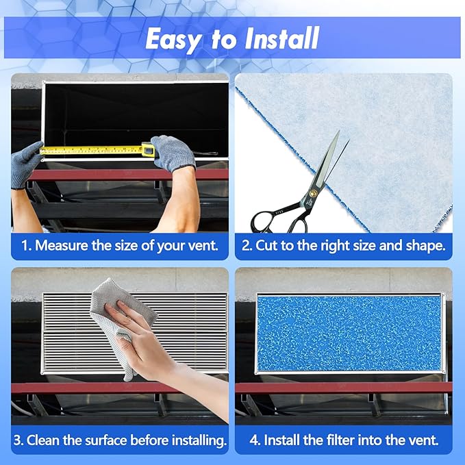 Air Vent Filter Kit - 12" x 140" Cut to Fit Air Filter Materials MERV 8 Electrostatic Media Roll for Home Floor, Ceiling, AC, HVAC, RVC Furnace Vents, With 48PCs Adhesive Hook Tape