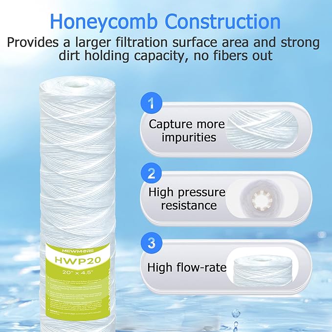 20 Micron Whole House Water Filter Cartridge, String Wound Sediment Filters for Well Water, Universal Replacement for Any 20 inch Big Housings - 20" x 4.5" Cartridges - Pack of 6