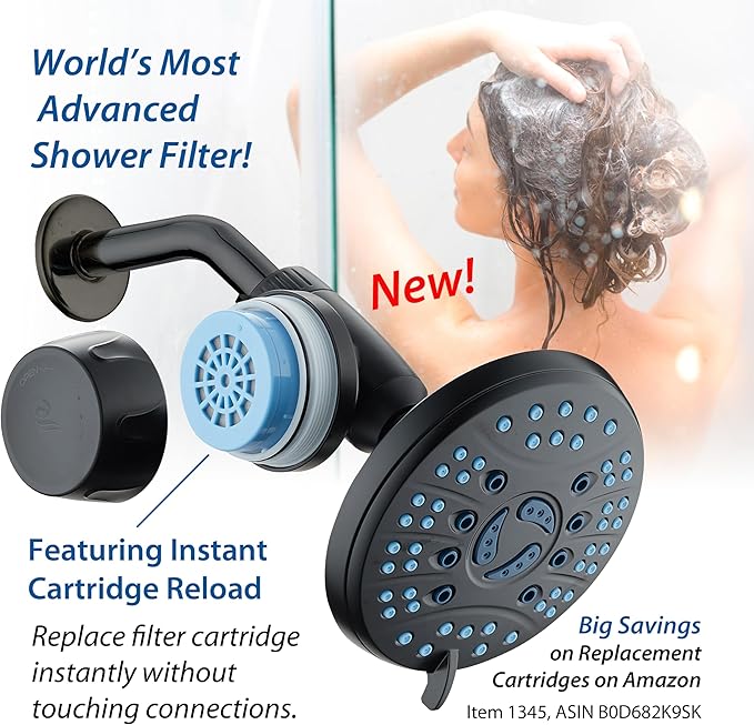 AquaCare Skin & Hair - World's Most Advanced Shower Filter for Fixed or Handheld Shower Heads with ON/OFF Filtration Modes, Instant Cartridge Reload & Stay-Clean Enriched KDF Cartridge/Matte Black