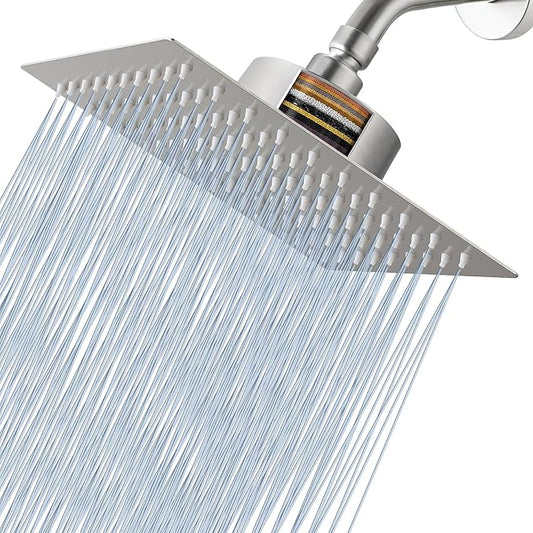 Voolan Rain Shower Head with Filtered - High Flow Large Rainfall Shower Heads Made of Stainless Steel - Waterfall Showerhead Filter For Hard Water(8" Brushed Nickel)