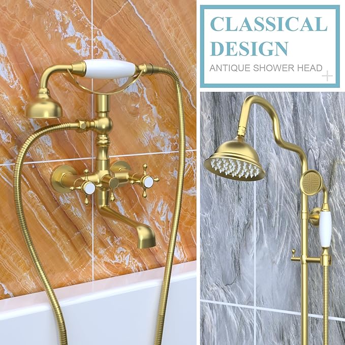 HOMEDEC Vintage Handheld Shower Head with 59inch Flexible Hose High-Pressure Antique Rain Showerhead Combo Replacement No Wand Holder, Round Telephone Shape, Brushed Gold