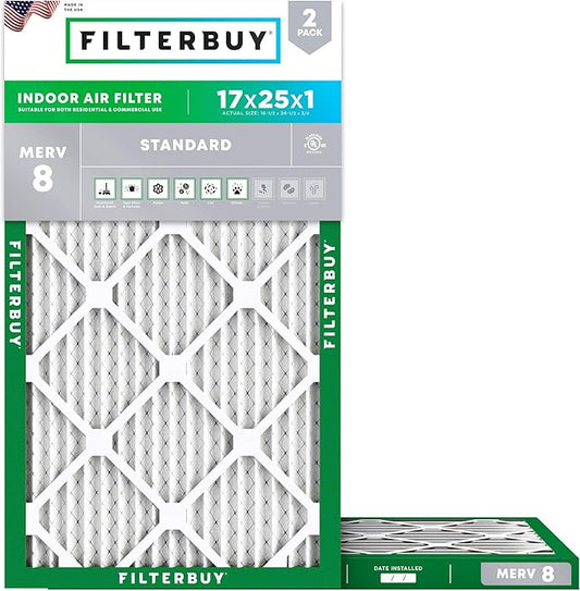 Filterbuy 17x25x1 Air Filter MERV 8 (MPR 700) Dust Defense Replacement (2-Pack), Electrostatic Pleated HVAC AC Furnace Filters, Made in USA (Actual Size: 16.50 x 24.50 x 0.75)