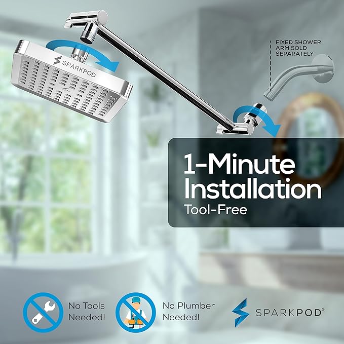 SparkPod Square Rain Shower Head with Shower Head Extension Arm - High Pressure Rain - Luxury Modern Look - No Hassle Tool-less 1-Min Installation (16" Shower Arm Extension, Luxury Polished Chrome)