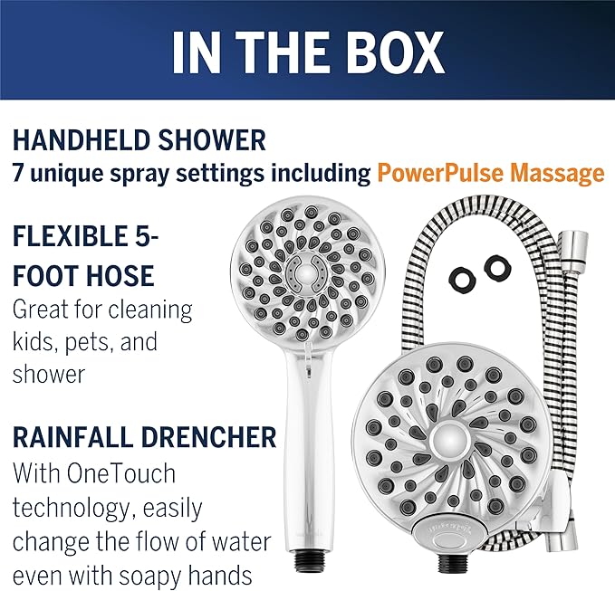 Waterpik One-Touch Dual 2-in-1 Shower System With Rain Shower Head and 7-Mode Hand Held Shower Head, Chrome XPB-133E-763E PowerPulse Chrome 8 Settings Showerhead Combo 1.8 gpm