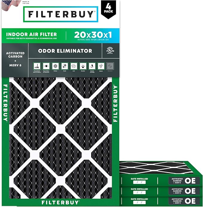 Filterbuy 20x30x1 Air Filter MERV 8 (MPR 700) Odor Eliminator Replacement (4-Pack), Electrostatic Pleated HVAC AC Furnace Filters w/Activated Carbon, Made in USA (Actual Size: 19.63 x 29.63 x 0.75)