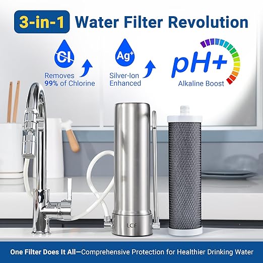 LCF Alkaline Countertop Water Filter, 𝐒𝐢𝐥𝐯𝐞𝐫 𝐈𝐨𝐧𝐬 Enhanced 6-Stage Stainless Steel Water Filter for Sink Faucet, Reduces Heavy Metals, Bad Taste & 99% Chlorine, 16,000 Gallons(2 Filters)