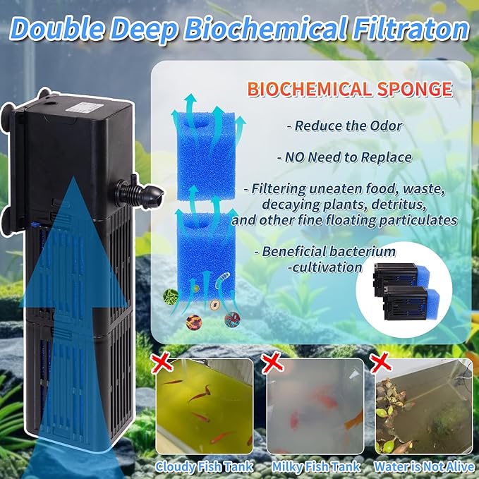 Aquarium Filter Water Flow Adjustable for 55-200 Gallon Fish Turtle Tank 400GPH Biochemical Filtration 4in1 Submersible Internal Powerful Pumps & Filters Keep Freshwater Saltwater Crystal Clear Large