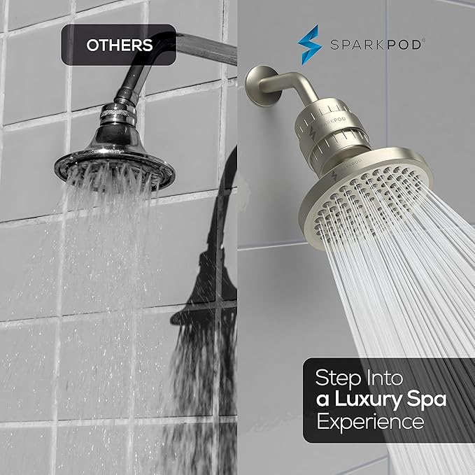 SparkPod Luxury Filtered Shower Head Set 23 Stage Shower Filter - Reduces Chlorine and Heavy Metals - High Pressure Showerhead Filter (6" Round, Brushed Nickel)