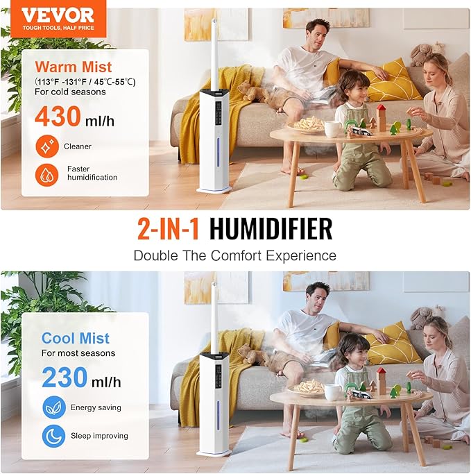 VEVOR Commercial Humidifier, 2.4 Gal/9L 2-In-1 Cool/Warm Mist, Industrial Air Vaporizer for Room Up To 430.6 Sq Ft,Top Refill Humidifier w/Auto Rotary Spray for Whole House,Greenhouse, Plant