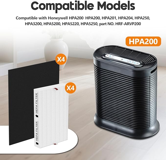 HPA200 Replacement Filter for Honeywell Air Purifi-er HPA200, HPA201, HPA202, HPA204, HPA250, HPA5200, 4 R Filter and 4 Activated Carbon Pre-Filter A, 4 Pack