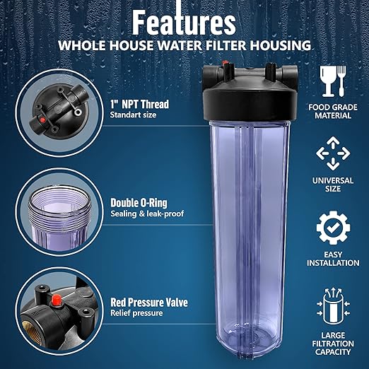 High Capacity 20 x 4.5” Whole House Filter Purifier System for Well or City Water, Presser Relief Button, 1” NPT Brass Port, Double O-Ring, Meets NSF Standards & Regulations (Transparent, 3 Sets)