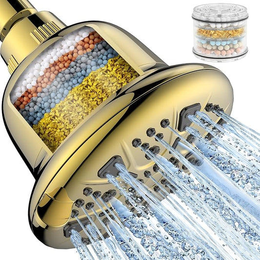 Filtered Shower Head - High Pressure Rain - Shower Head with filter for Hard Water - Luxury 7 Settings Adjustable Water Filter Showerhead (Gold)