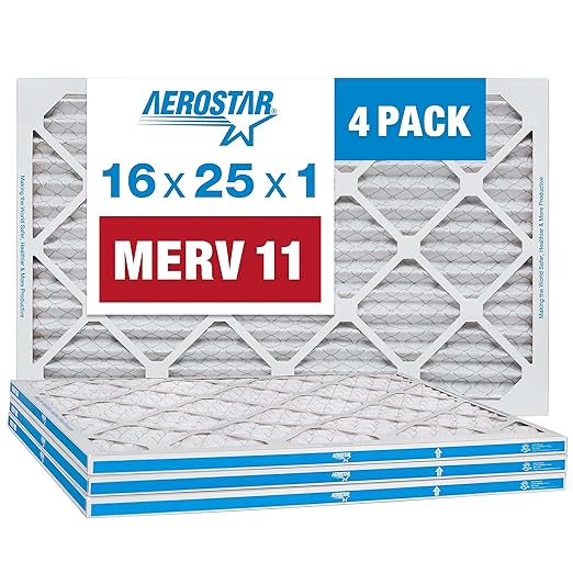 Aerostar 16x25x1 MERV 11 - 4 Count - Pleated HVAC, Furnace & Air Conditioner Filters - Removes Dust, Cold & Flu Germs, Lint, Mold, Pet Dander, Allergy-Causing Pollen, Smog & Smoke