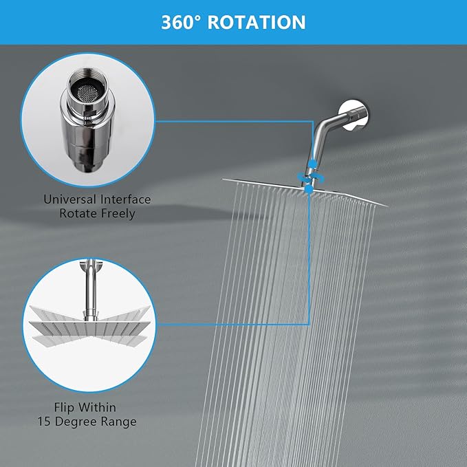Lordear Rainfall Shower Head 6 Inch Solid Square Ultra Thin 304 Stainless Steel Polish Chrome Rain Setting Shower Heads,Waterfall Full Body Coverage with Silicone Nozzles
