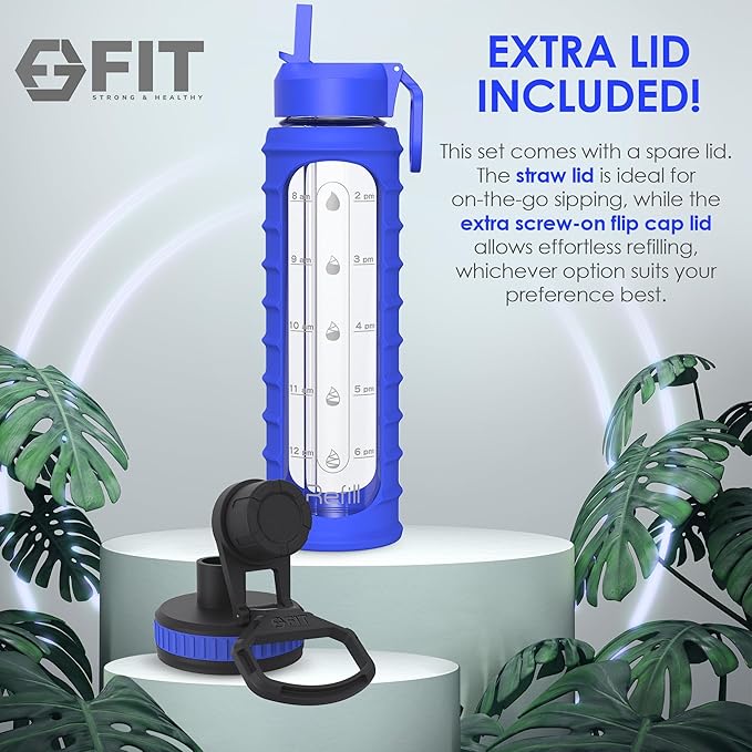 FIT Strong & Healthy 32 oz Glass Water Bottle with Straw Lid, Time Marker, Sleeve & Extra Lid - Motivational, Wide Mouth 1 Liter Glass Drinking Bottle