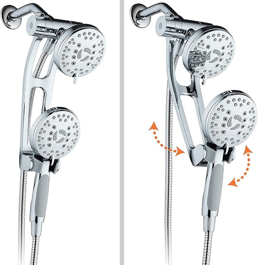 High Pressure 48-mode Luxury 3-way Combo with Adjustable Extension Arm – Dual Rain & Handheld Shower Head – Extra Long 6 Foot Stainless Steel Hose – All Chrome Finish – Top US Brand