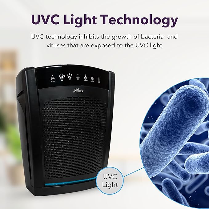 Hunter HP850 Air Purifiers for Home Large Room and Bedroom. True HEPA Air Purifier for Pets, Odors, Allergens, Smoke, Dust. UV Value Bundle w/Extra Filter, Cleans 2585 Ft² per hour. Black