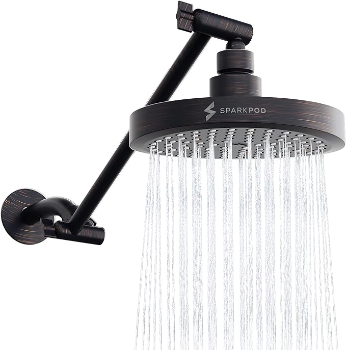 SparkPod Round Rain Shower Head with Extension Arm - Height Adjustable Shower Head with High Pressure Performance - Easy 1-Minute Installation (11" Arm Extension, Vintage Oil-Rubbed Bronze)