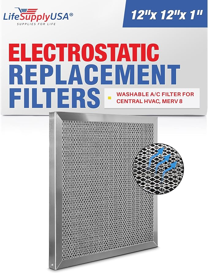 12x12x1 Electrostatic Air Filter, MERV 8, Washable, Reusable Furnace AC/HVAC Filter, Energy Saving, Easy to Clean, Long-Lasting by LifeSupplyUSA