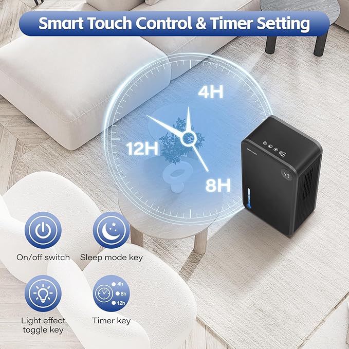 Dehumidifier, Dehumidifiers for Home (1000 sq.ft), 98 OZ Dehumidifier for Basement Bathroom Bedroom, Auto Shut Off Dehumidifiers, Timer Setting, Digital Display, Drain Hose, 7 Colors Light, Black