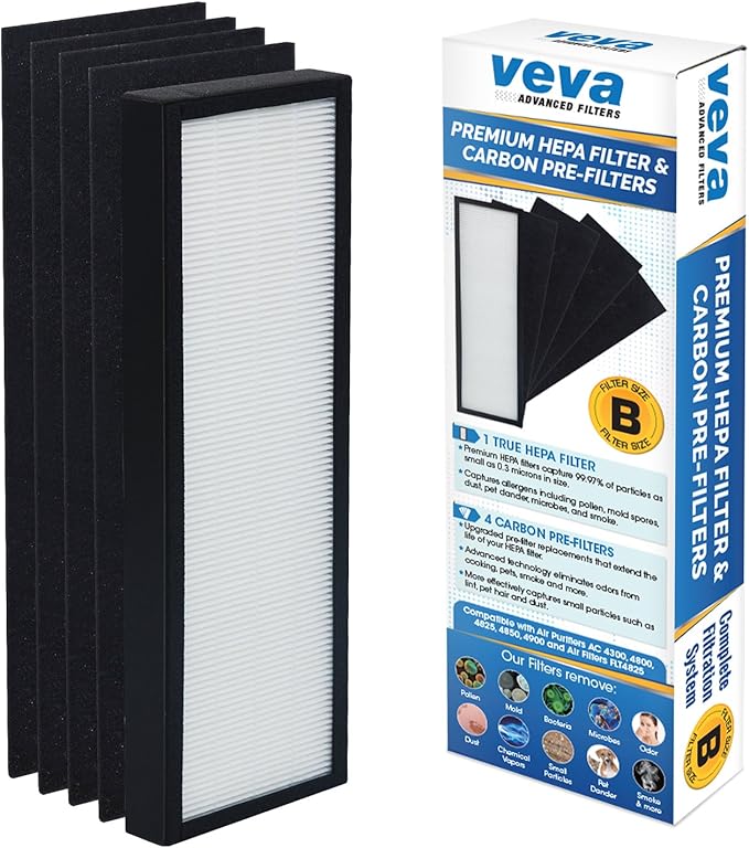 Veva HEPA Filter B Replacement, Compatible with Germ Guardian AC4825, AC4900CA, AC4850PT, AC4820 Air Purifier and FLT4825. Pack of 1 HEPA Filter / 4 Carbon Pre-Filters