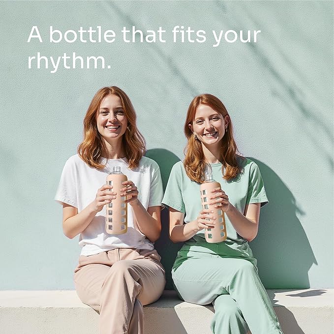 purifyou 40oz / 32oz / 22oz / 12oz Borosilicate Glass Water Bottle with Time & Volume Markers, Silicone Sleeve, Stainless Steel Lid | Reusable Glass Bottle for Water & Juice (40oz Hazelnut)