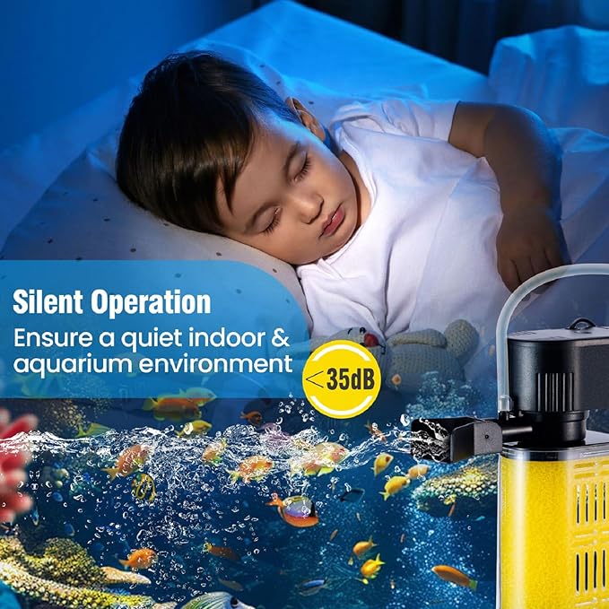 Aquarium Filter for 20-50 Gallons, Ultra-Quiet Fish Tank Filters Biochemical Filtration 200GPH Powerful Pump Submersible Sponge Filter for Large Fish & Turtle Tanks Water Clear Air Supply (13W)