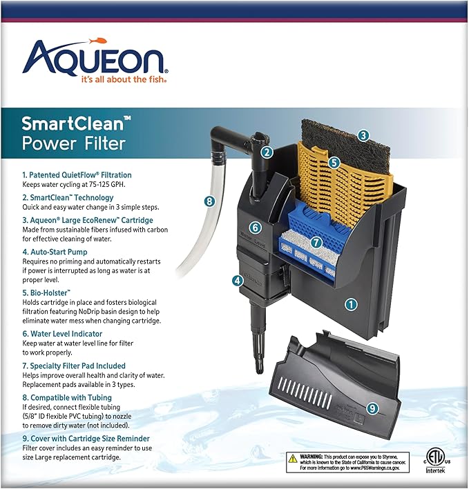 Aqueon SmartClean Power Filter with EcoRenew Filter Cartridge, Quick and Easy Water Changes, Quiet Operation, Adjustable Flow, for 20-30 Gallon Freshwater and Saltwater Aquariums, Large