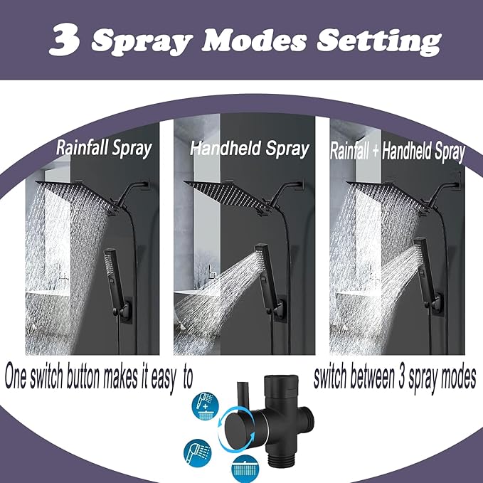 10" High Pressure Square Rainfall Shower Head and 2-in-1 Hand Shower,Rainfall Showerhead with 11" Shower Arm,Equipped with 78"Hose,Adhesive Shower Head Holder (Square Black Shower Head Set)